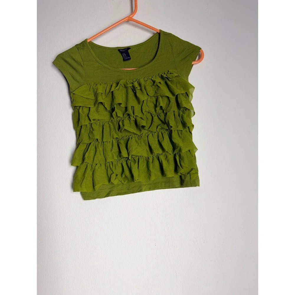 Forever 21 Girls Olive Green Ruffle Front Short Sleeve Top Size M 9/10